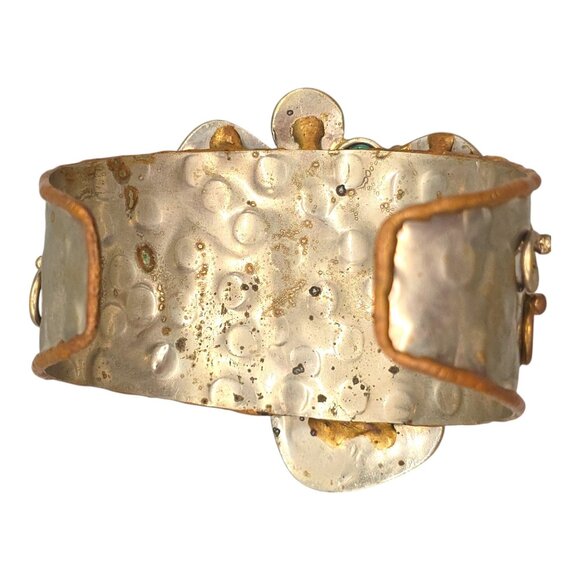 Turquoise Modernist Brutalist Mixed Metal Cuff Bracelet Bronze Copper Silver - Picture 6 of 11